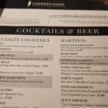 Cooper’s Hawk Winery & Restaurant - Cocktail Menu - Wine Bars Near Me - Schererville, Indiana