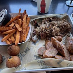 R&R BBQ - Sweet Potato Fries, hush puppies, sausage and pulled pork