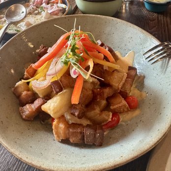 Parche - CHICHARRON Y YUCA crispy pork belly, fried yuca, mandarin kewpie, salsa criolla salad (df) | 20 - Colombian Near Me - Oakland, California Parche - CHICHARRON Y YUCA crispy pork belly, fried yuca, mandarin kewpie, salsa criolla salad (df) | 20 - Colombian Near Me - Oakland, California