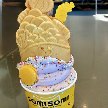 Somisomi - Soft serve ube - with a fresh-made waffle fish, black sesame paste, and sprinkles. - Ice Cream & Frozen Yogurt Near Me - Las Vegas, Nevada Somisomi - Soft serve ube - with a fresh-made waffle fish, black sesame paste, and sprinkles. - Ice Cream & Frozen Yogurt Near Me - Las Vegas, Nevada