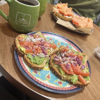 Good Karma Cafe - Avocado toast and smoked salmon bagel with 2 small black coffees - Cafes Near Me - Philadelphia, Pennsylvania