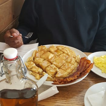 The Backyard - Pancakes bacon and eggs. Look at the trendy syrup bottle. - New American Near Me - Milton, Delaware The Backyard - Pancakes bacon and eggs. Look at the trendy syrup bottle. - New American Near Me - Milton, Delaware