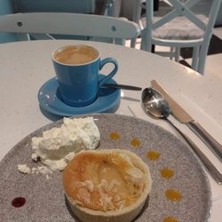 Relish Cafe - Flat white with oat milk and pear-almond tart