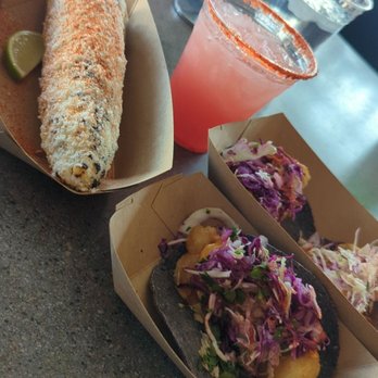 Taconeta - Fish tacos, roasted corn on the cob, and Watermelon margarita - Tacos Near Me - El Paso, Texas