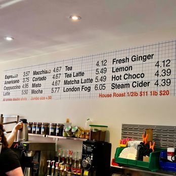 Full Stop - Menu - A menu board displays various coffee, tea, and beverage options with prices at a cafe, including espresso, matcha latte, and London fog. - Coffee & Tea Near Me - Toronto, Ontario