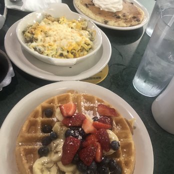 Metro Diner - Top to bottom (pancake with chocolate chips and whipped cream, Breakfast pie, Fruity Belgian Waffle) - American Near Me - Altamonte Springs, Florida Metro Diner - Top to bottom (pancake with chocolate chips and whipped cream, Breakfast pie, Fruity Belgian Waffle) - American Near Me - Altamonte Springs, Florida