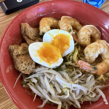 Cafe Kopi - Soup had noodles, egg, tofu, sprouts and 4 decent sized shrimp. Good flavor but wasn't spicy as advertised - Coffee & Tea Near Me - Kailua, Hawaii