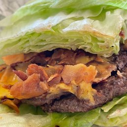 Cowboy burger as a lettuce wrap. Notice the bacon bits instead of a strip.