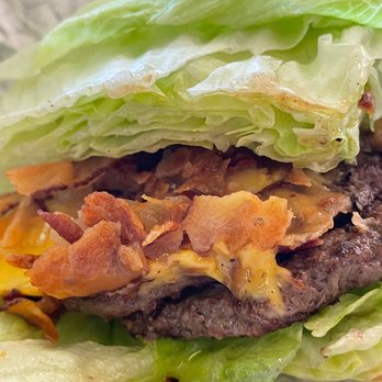 Hat Creek Burger Company - Cowboy burger as a lettuce wrap. Notice the bacon bits instead of a strip. - Burgers Near Me - Austin, Texas