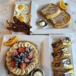 French toast neutral banana + berrys pancakes + combo of 2 French Toast Combo bacons and sunny side eggs French toast neutral banana + berrys pancakes + combo of 2 French Toast Combo bacons and sunny side eggs