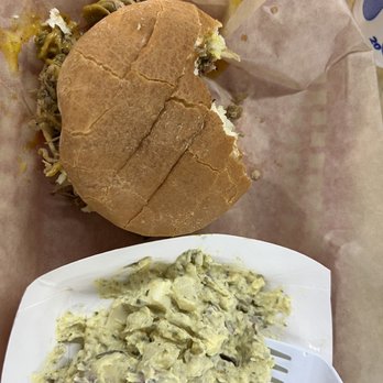 Caino's BBQ at the Red Barn - BBQ Sandwich , potato Salad and hush puppies!!! It is really delicious !!!! - Barbeque Near Me - Hubert, North Carolina