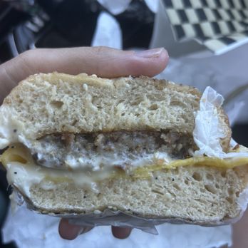 Benny's Bagels - egg cheese and sausage bagel sandwich - Bagels Near Me - Fayetteville, Arkansas