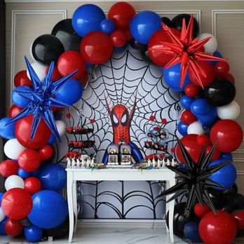 Vibrant Vibes Party - Spiderman backdrop with balloon garland with desert bar - Party & Event Planning Near Me Vibrant Vibes Party - Spiderman backdrop with balloon garland with desert bar - Party & Event Planning Near Me