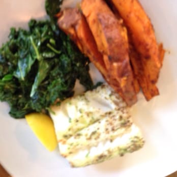 Dockside Market & Grill - Fresh cod - super moist and sweet with kale and baked sweet potato.  Excellent light summer fare - Seafood Near Me - Flemington, New Jersey