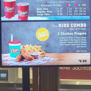 Raising Cane's Chicken Fingers - a menu on a large screen - Fast Food Near Me - Maplewood, Minnesota Raising Cane's Chicken Fingers - a menu on a large screen - Fast Food Near Me - Maplewood, Minnesota