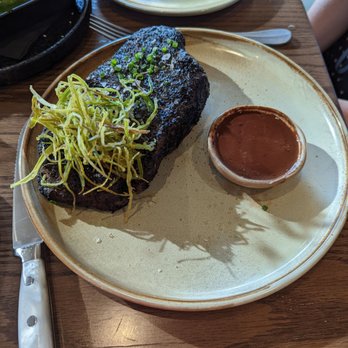 Brazen - 14oz New York, the coffee rub and chocolate jus with this beautiful steak made this a steak I will never forget - Canadian (New) Near Me - Banff, Alberta Brazen - 14oz New York, the coffee rub and chocolate jus with this beautiful steak made this a steak I will never forget - Canadian (New) Near Me - Banff, Alberta