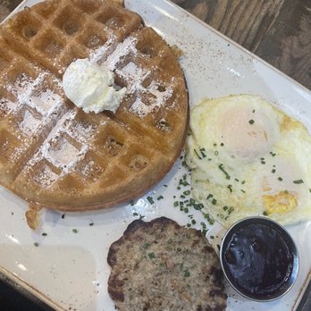 First Watch - Trifecta - over medium eggs, chicken sausage, & waffle! - Breakfast & Brunch Near Me - Austin, Texas