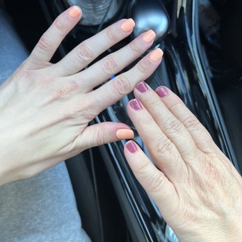 A+ Nails - Light peach gel manicure done by Diane and plum gel manicure done by Kathy - Nail Salons Near Me - West Covina, California