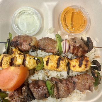 Kebab Baba - Trio Shish Kebab Over Rice - Mediterranean Near Me - San Francisco, California Kebab Baba - Trio Shish Kebab Over Rice - Mediterranean Near Me - San Francisco, California