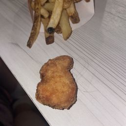 a fried chicken breast and french fries a fried chicken breast and french fries
