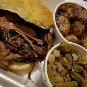 Fatback's Barbecue - Brisket sandwich, roasted potatoes and green beans. So good! - Barbeque Near Me - Dayton, Ohio