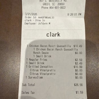 Zaxbys - Receipt - Fast Food Near Me - Greer, South Carolina