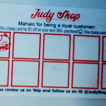 Judy Shop - After 10 stamps (get $5.00 off) with any $10 purchase. - Popcorn Shops Near Me - Honolulu, Hawaii