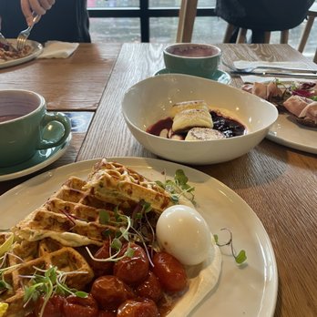 Lele Cake - Gruyere Waffles with Sundried Tomatoes and Soft Egg Syrniki - Coffee & Tea Near Me - Los Gatos, California