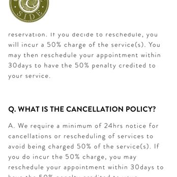 On the Side Day Spa - 50% of the services will be charged if cancelling less than 24 hours. Why did I pay the full amount for all 3? - Waxing Near Me - Westfield, New Jersey On the Side Day Spa - 50% of the services will be charged if cancelling less than 24 hours. Why did I pay the full amount for all 3? - Waxing Near Me - Westfield, New Jersey