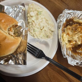 Connie's Chicken - Spicy chicken sandwich, slaw, and mash potatoes with brown gravy - Chicken Shop Near Me - West Point, Mississippi