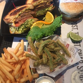 Habit Burger & Grill - Santa Fe burger. Teriyaki burger. Fries. Tempura green beans. - Burgers Near Me - Sandy, Utah