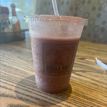Bella Bru Cafe - Banana strawberry smoothie with vanilla protein unfortunately too sweet to drink - Breakfast & Brunch Near Me - Carmichael, California