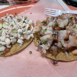 Ceviches: shrimp and fish Double Tostada