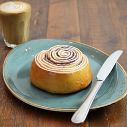 Baltzersen's - Cinnamon bun and a flat white.