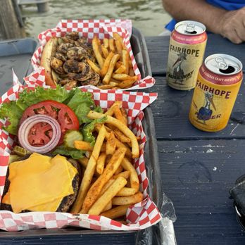 The River Shack - Cheeseburger and blackened shrimp po-boy - Seafood Near Me - Mobile, Alabama