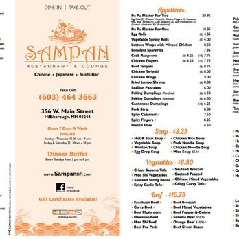 Sampan - Sampan's Take Out Menu
10/2017 - Chinese Near Me - Hillsborough, New Hampshire Sampan - Sampan's Take Out Menu
10/2017 - Chinese Near Me - Hillsborough, New Hampshire