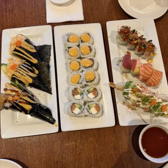 AA Sushi - left to right: hand rolls, Spicy Albacore Roll, Seattle Roll, Rainbow Roll, Yummy Roll - Japanese Near Me - Seattle, Washington