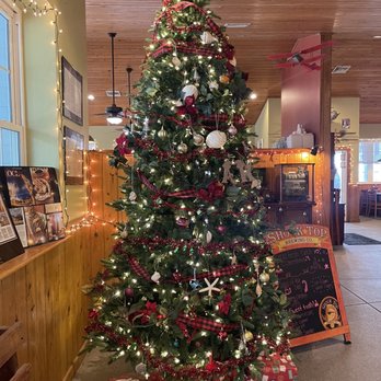 Aunt Kate's - Beautiful tree. - A Christmas tree decorated with string lights, red ribbons, gold and silver ornaments, and various holiday ornaments is positioned inside a restaurant. The tree has presents wrapped in festive paper at its base. The interior features wooden paneling on the walls and ceiling, with additional string lights and holiday decorations visible. A chalkboard sign and a menu display are also present in the background, indicating a cozy, festive dining environment. - American Near Me - Saint Augustine, Florida