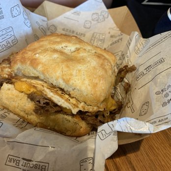The Biscuit Bar - Steak and egg biscuit sandwich - steak very flavorful. - Breakfast & Brunch Near Me - Arlington, Texas The Biscuit Bar - Steak and egg biscuit sandwich - steak very flavorful. - Breakfast & Brunch Near Me - Arlington, Texas