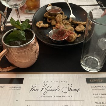 Black Sheep Restaurant - Calamari appetizer. Mint Julep cocktail - New American Near Me - Blue Ridge, Georgia