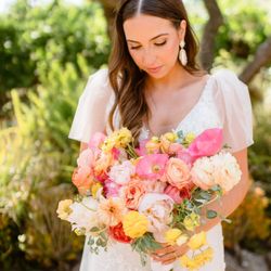 Petal Town Flowers - Bright sunset poppies, peonies and roses, a sunset bridal bouquet