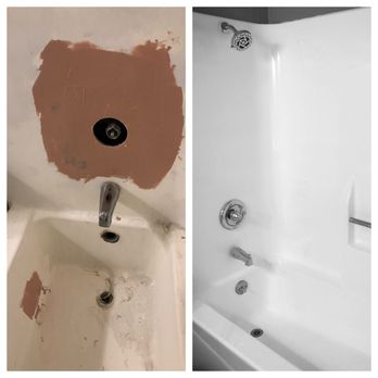 Bathroom Surface Solutions - Large fiberglass repair and tub/shower refinish in Gloss White. Backed with a 10 year warranty! - Refinishing Services Near Me - Portland, Oregon Bathroom Surface Solutions - Large fiberglass repair and tub/shower refinish in Gloss White. Backed with a 10 year warranty! - Refinishing Services Near Me - Portland, Oregon
