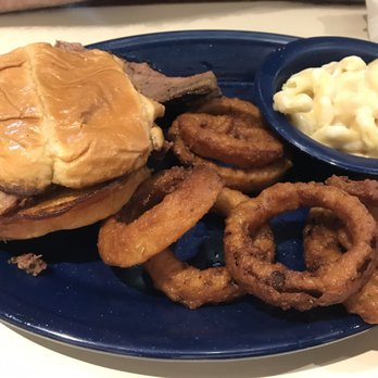Trail Boss BBQ And Catering - Brisket dinner sandwich with onion rings and Mac n cheese - Barbeque Near Me - Ashland, Missouri Trail Boss BBQ And Catering - Brisket dinner sandwich with onion rings and Mac n cheese - Barbeque Near Me - Ashland, Missouri
