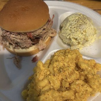 Smokin Pig - Pulled pork sandwich, Mac and cheese and Potato Salad - Side - Barbeque Near Me - Midway, Georgia Smokin Pig - Pulled pork sandwich, Mac and cheese and Potato Salad - Side - Barbeque Near Me - Midway, Georgia