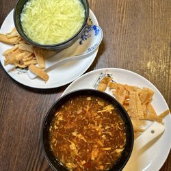 Blue & Fly Asian Kitchen - Egg drop soup and Hot & Sour soup that come with the entrees when dining in
