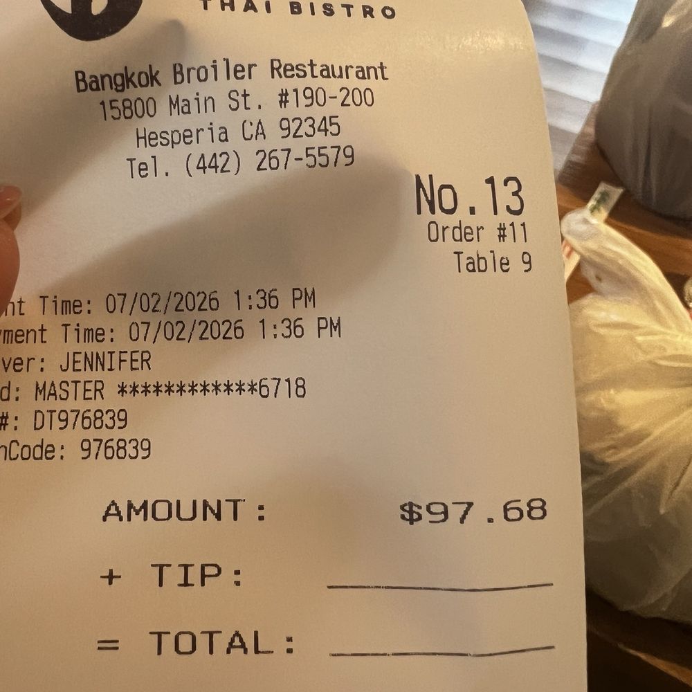 Bangkok Broiler - What we paid for 2 lunch specials spring rolls large beef soup and bowl tom ka so much left overs - Thai Near Me - Hesperia, California