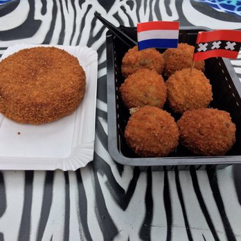 De Albert Cuypmarkt - Bamie (left) is filled with noodles and has an Asian flavor! Awesome. Bitterballen (right) traditional bar snack - Farmers Market Near Me - Amsterdam, New Hampshire
