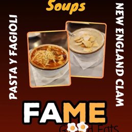 Mo's dad makes all the soups from scratch - The image shows a promotional poster for Fame Good Eats, a breakfast and lunch spot. It displays two bowls of soup, one topped with shredded cheese and the other with croutons. The poster highlights new soup flavors, with text emphasizing pasta, pasty, and clam options. The background is dark, and the text is in bold, colorful fonts, with the business name and food descriptions.