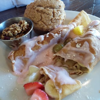 First Watch - Fruit crepes drizzled with yogurt with house made granola and honey bran muffin - American Near Me - Raleigh, North Carolina