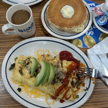 IHOP - Spicy Poblano Omelette with side of pancakes and coffee - Breakfast & Brunch Near Me - Monterey Park, California